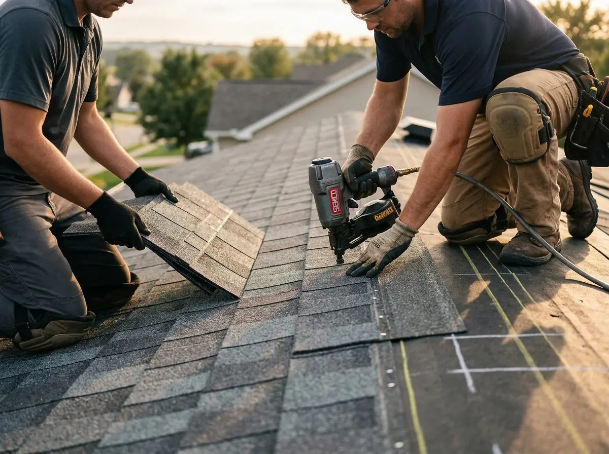 Professional roofer working on a residential roof in Coffeyville